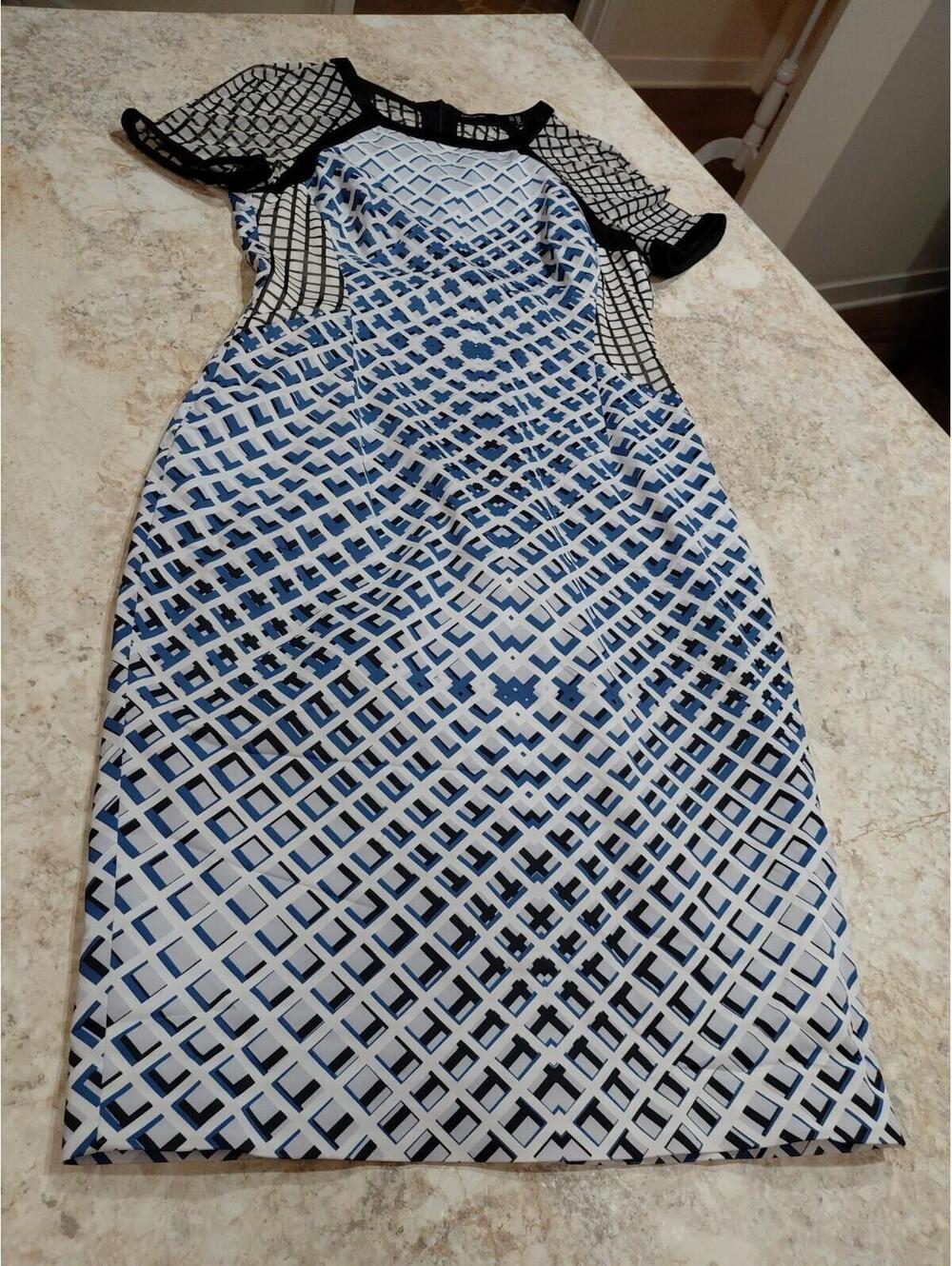 Karen Millen Multicolor Geometric Print Dress With Mesh Sz 10 EUC